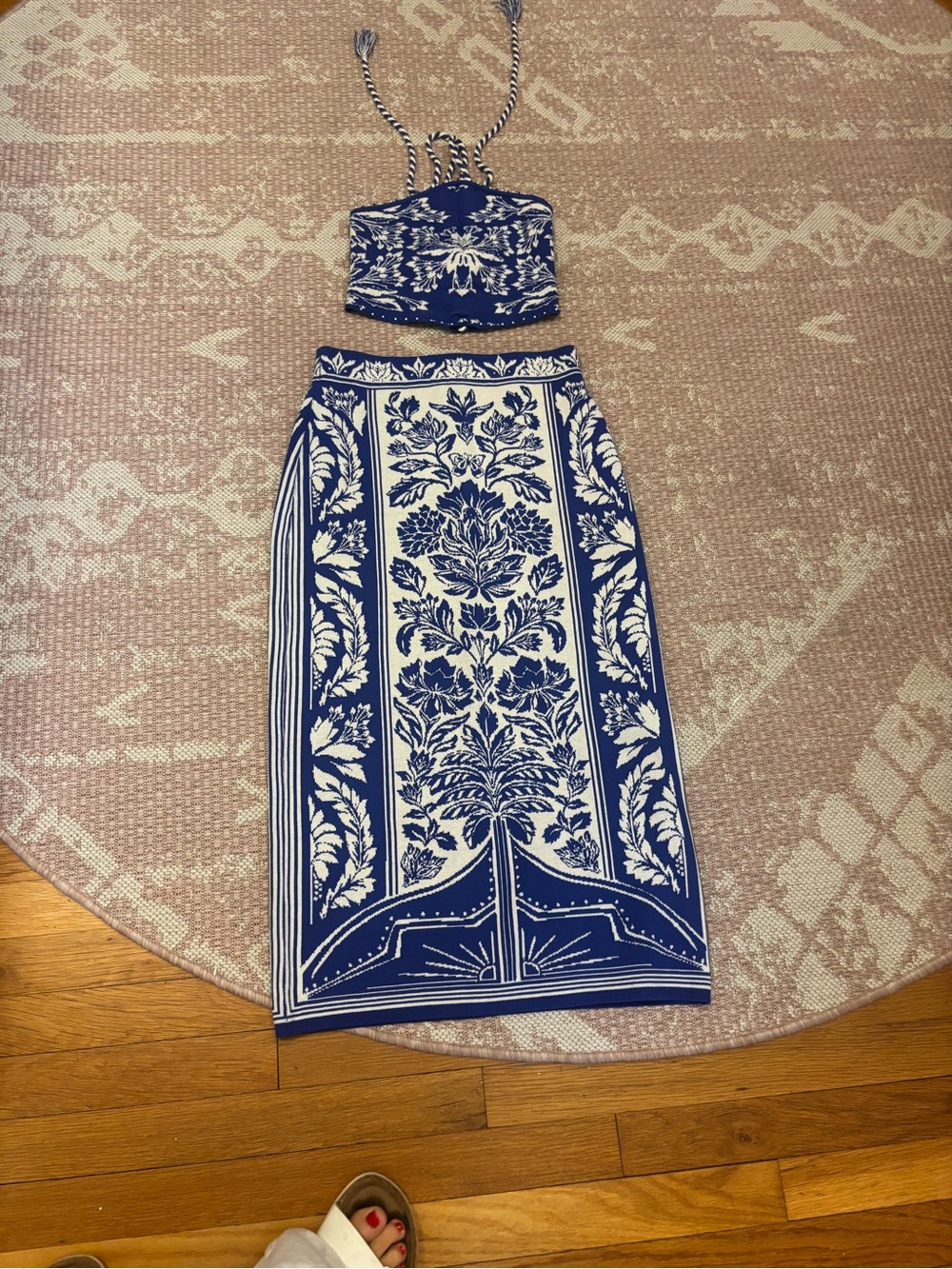 FARM Rio Blue and White Floral Panel Midi Skirt and halter top